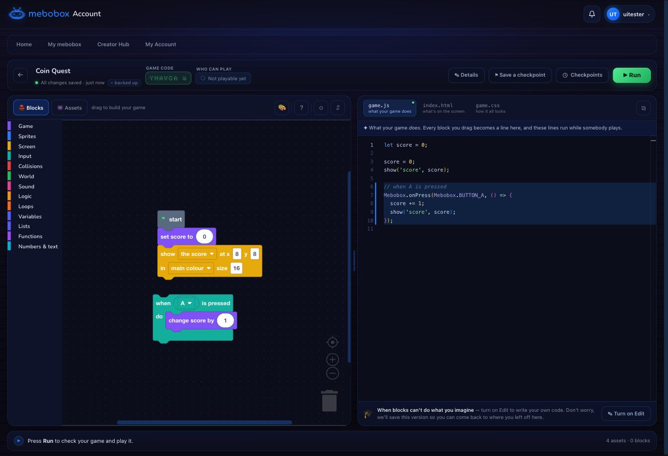 Creator Studio: blocks on the left, the code they make on the right