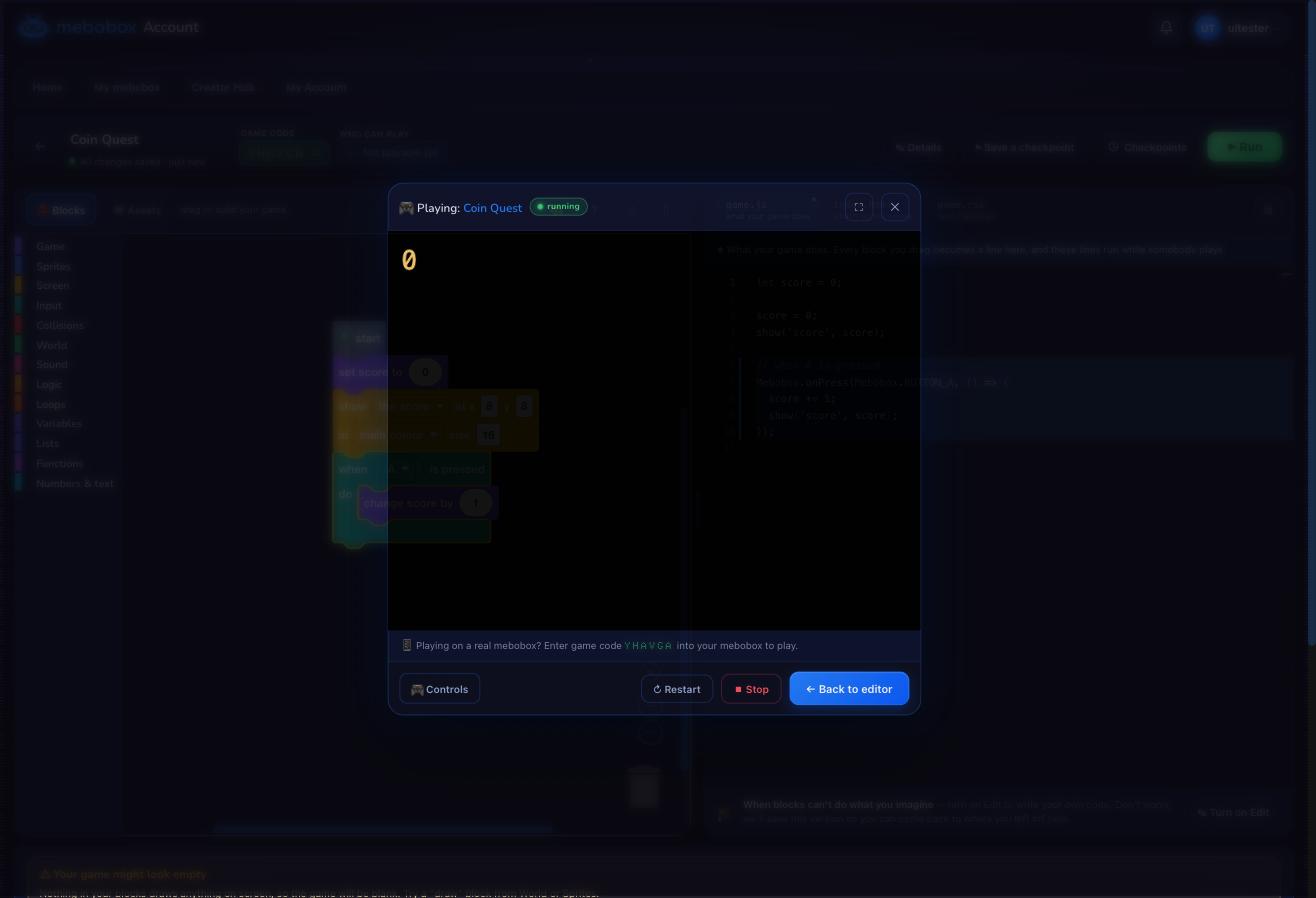 A game running in the tester