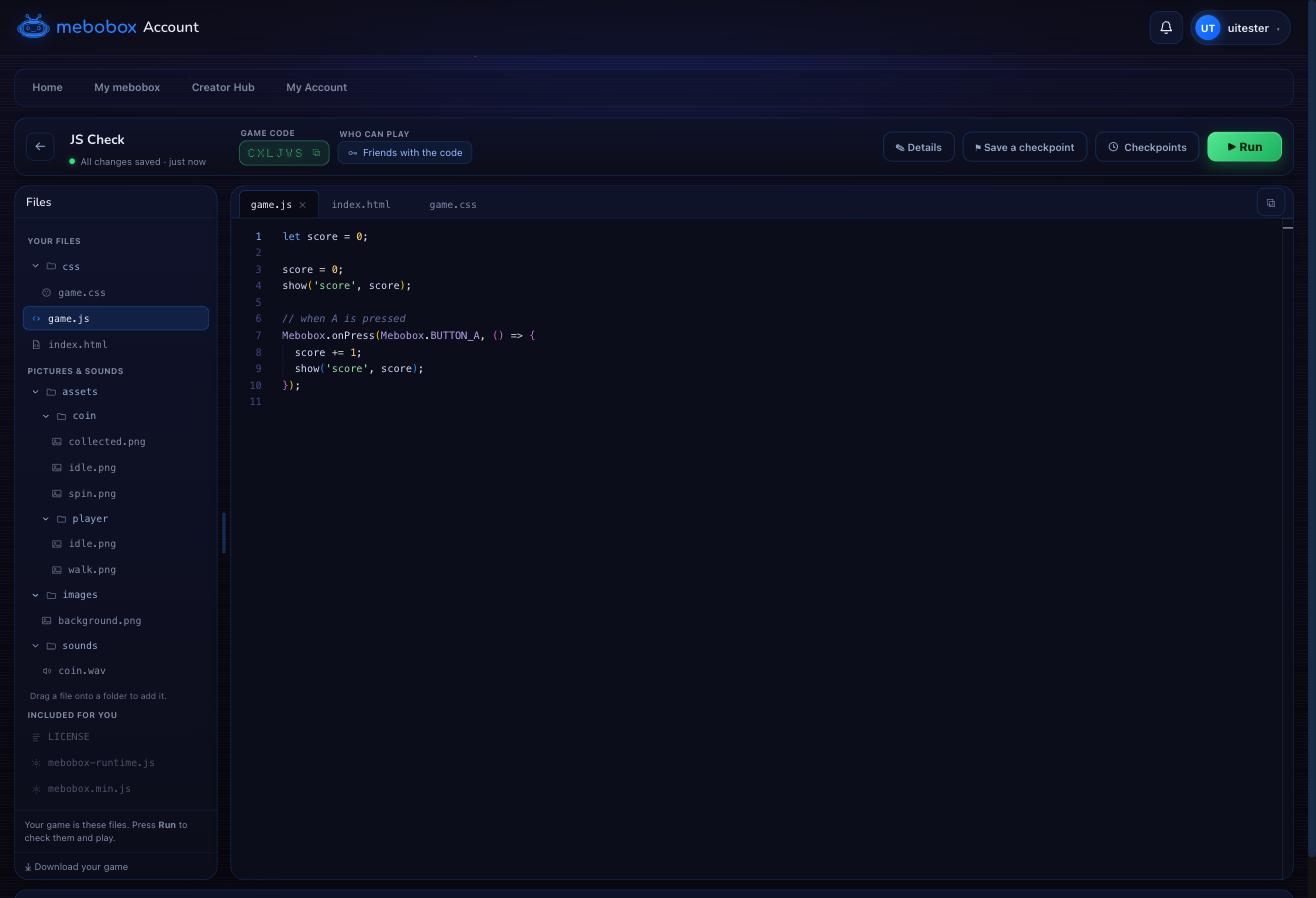 The code editor: your files on the left, your code in the middle